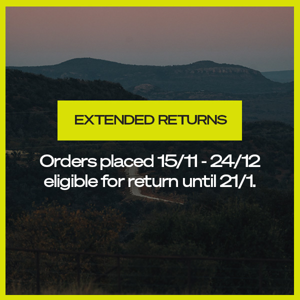 Generic image with inspirational image on top showing mountains, with a message under it stating extended returns.